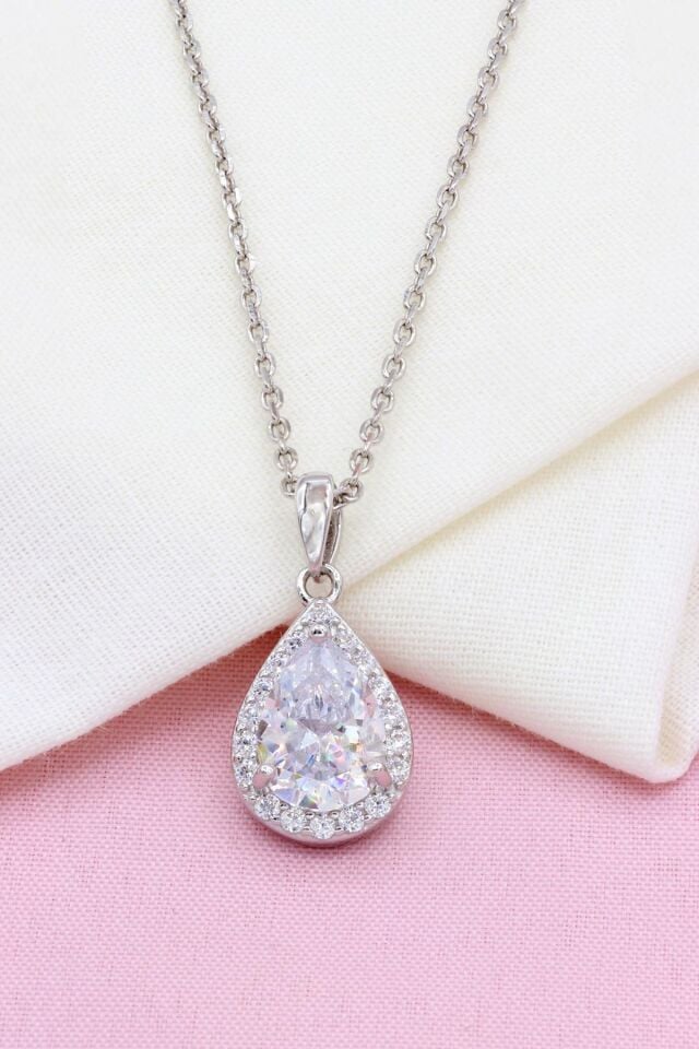 Beyaz Zirkon Taşlı Damla Modeli Gümüş Kolye 274