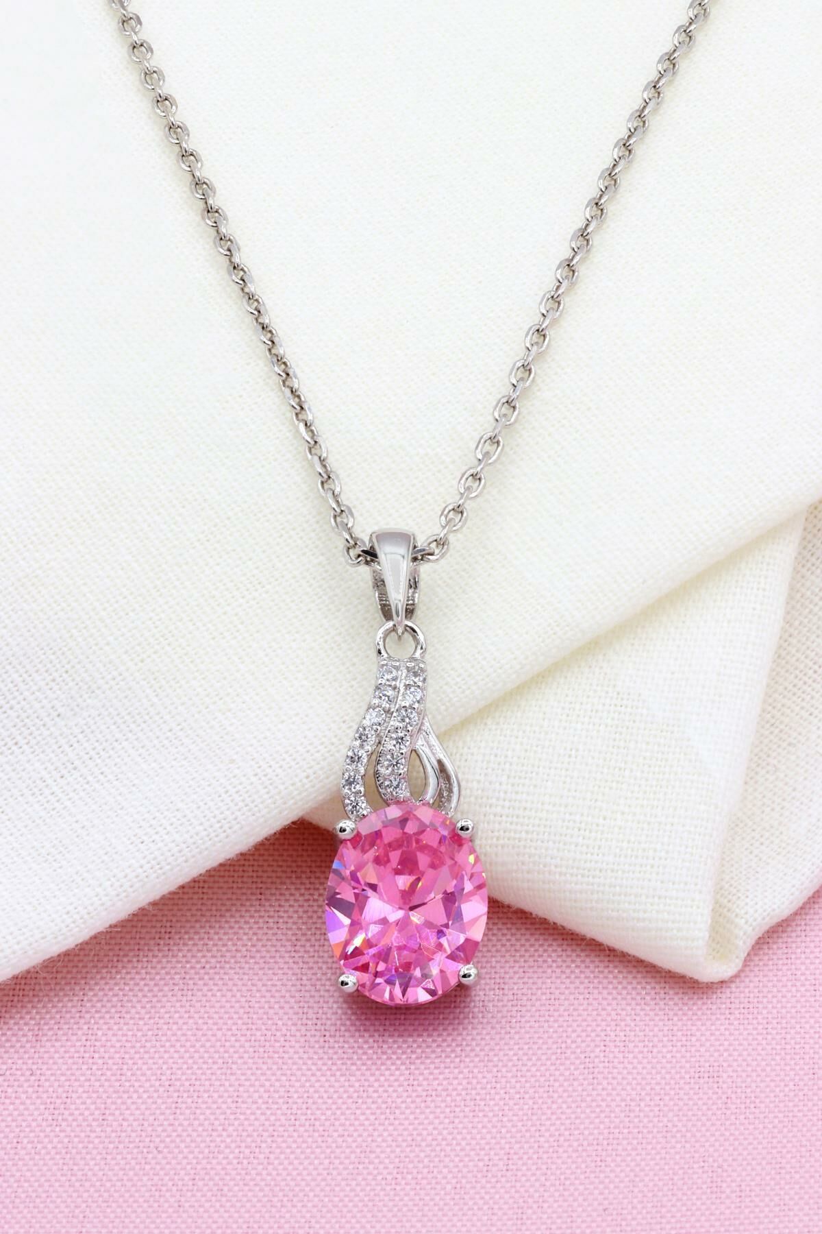 Pembe Kuvars Taşlı Gümüş Kolye 306