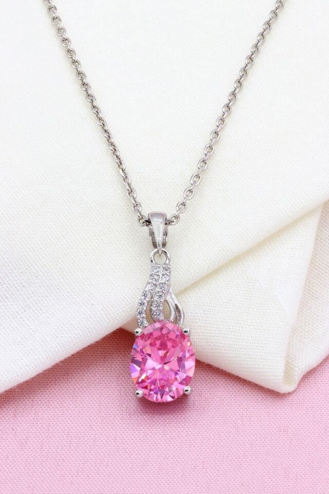 Pembe Kuvars Taşlı Gümüş Kolye 306