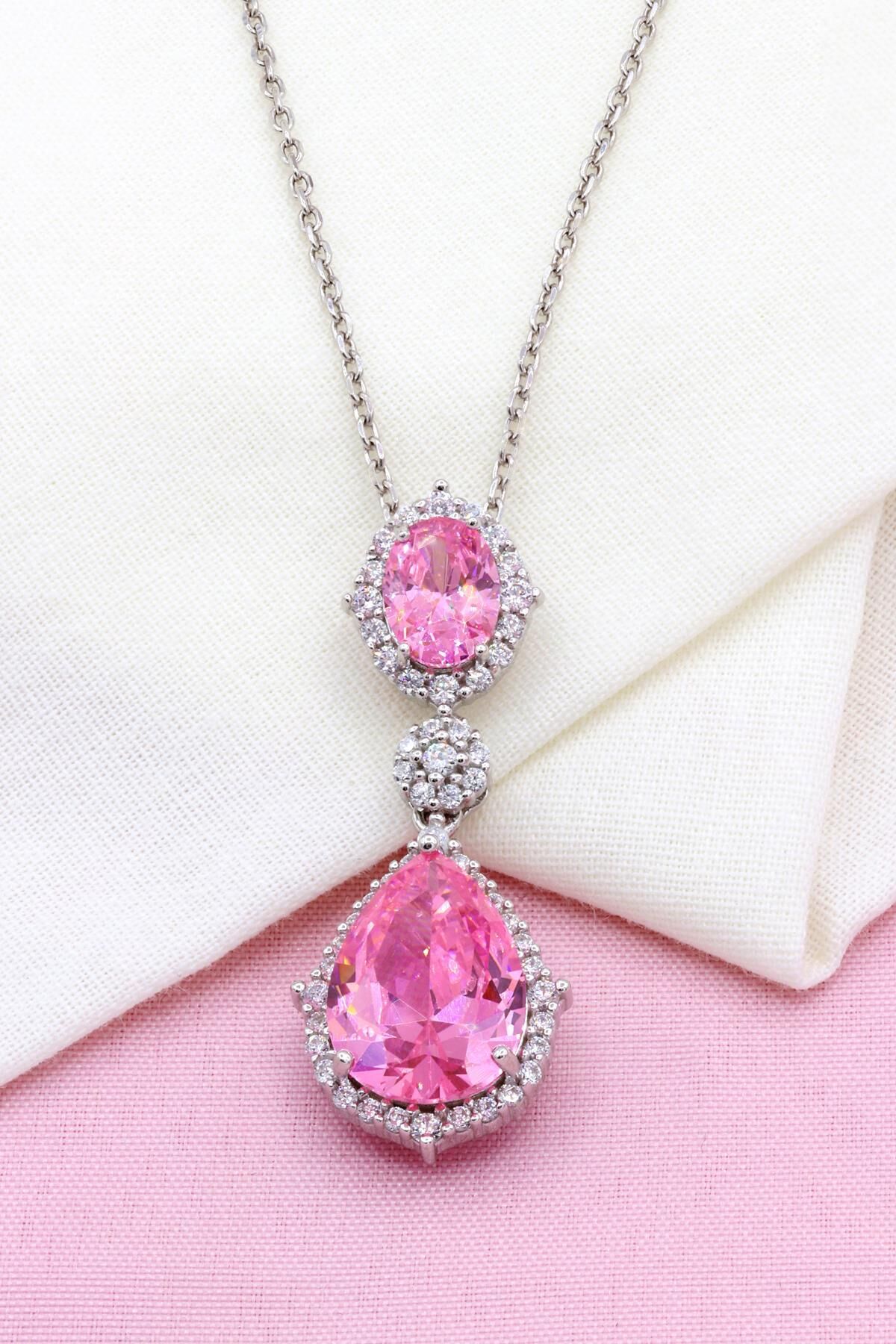 Pembe Kuvars Taşlı Damla Modeli Gümüş Kolye 326