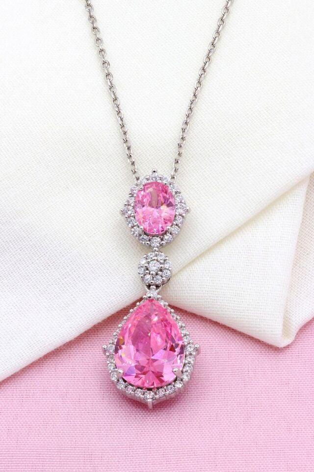 Pembe Kuvars Taşlı Damla Modeli Gümüş Kolye 326