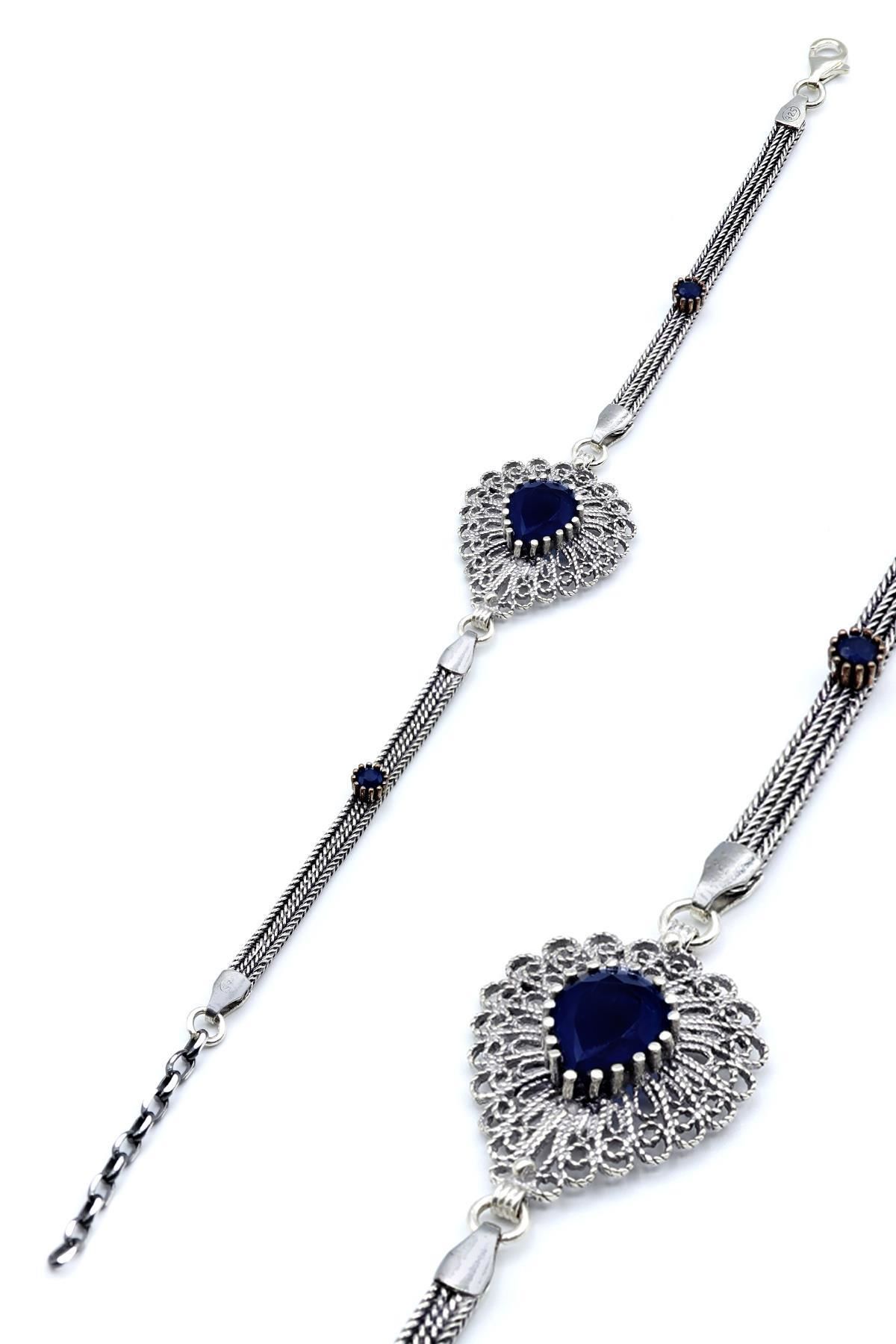 Damla Modeli Kök Safir Taşlı Telkari Gümüş Bileklik 097