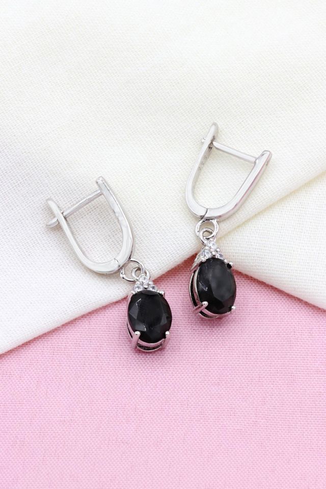 Siyah Oniks Taşlı Gümüş Küpe 233