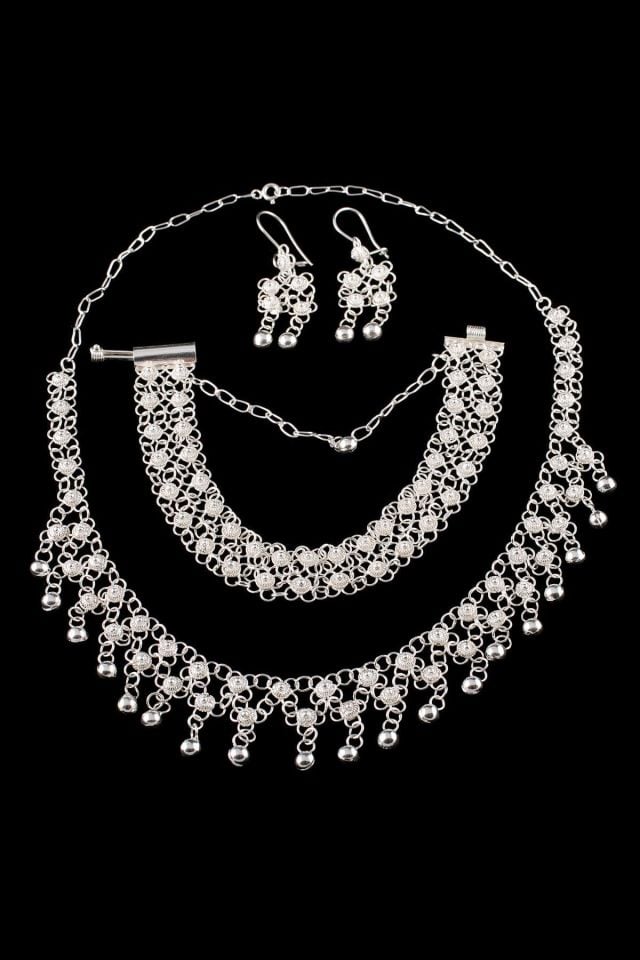 Çift Sıralı Yöresel Kişniş Telkari Gümüş Set 058