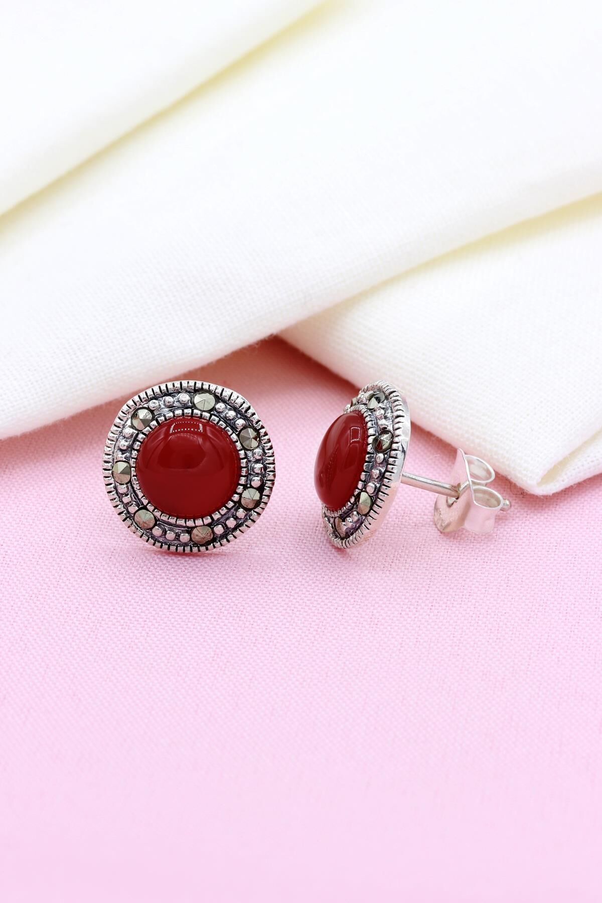 Bordo Akik Taşlı Markazit Gümüş Küpe 121