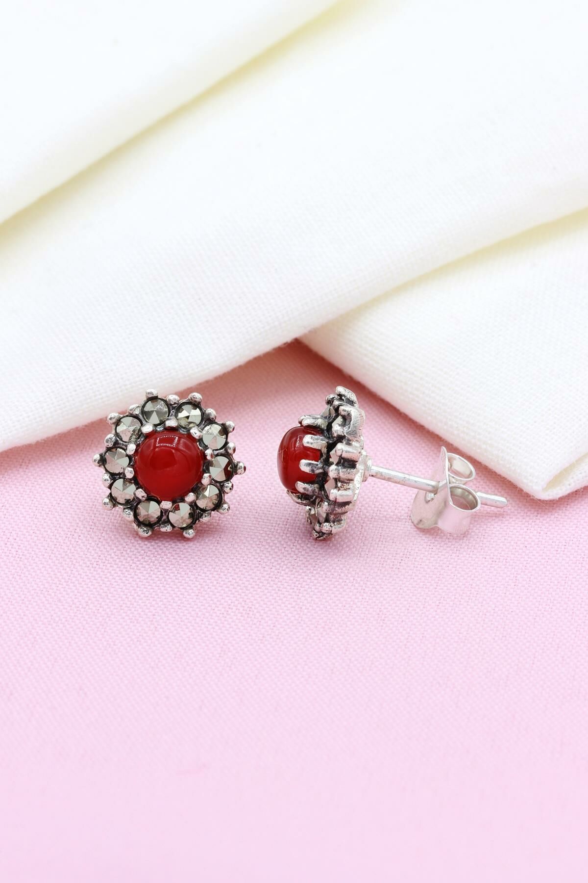 Bordo Akik Taşlı Markazit Gümüş Küpe 159