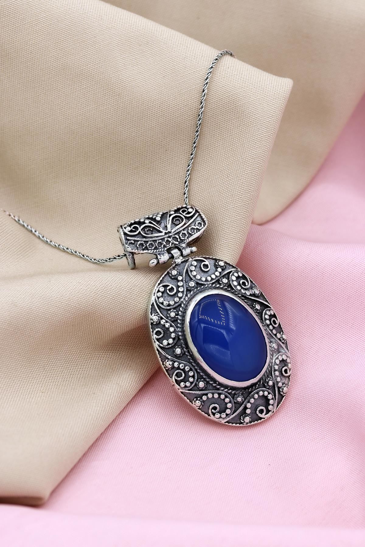 Lapis Lazulli Taşlı El İşi Gümüş Kolye 064