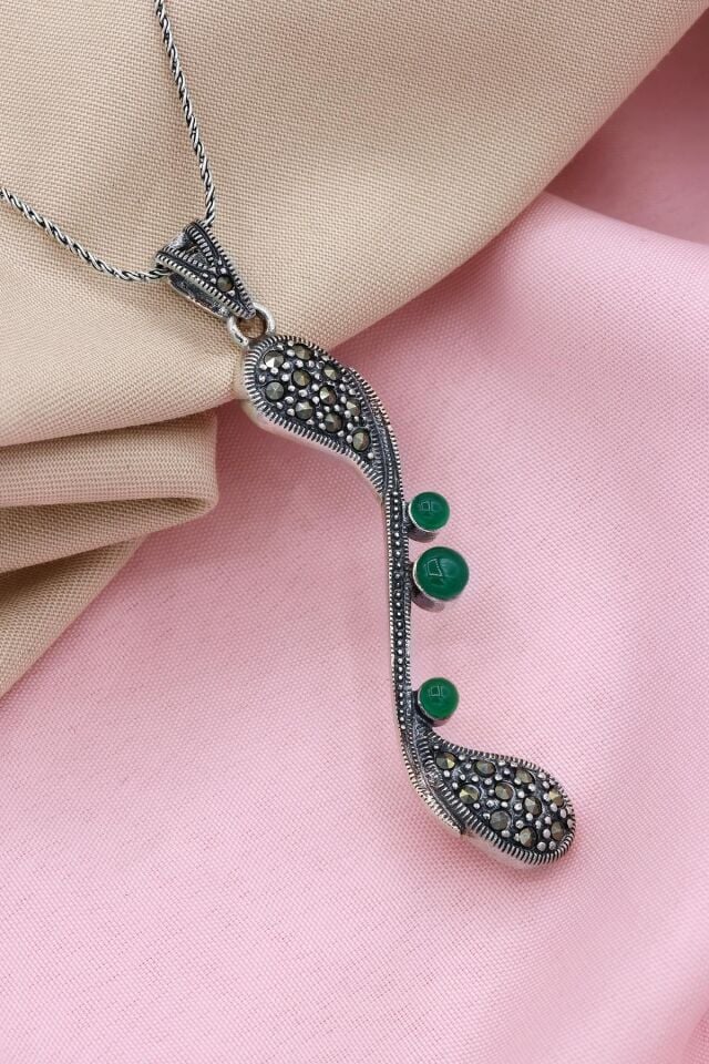 Yeşil Akik Taşlı Markazit Gümüş Kolye 104