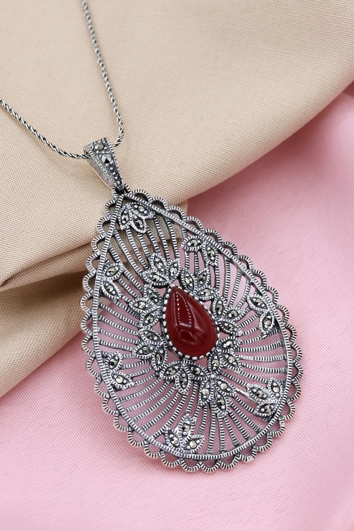 Bordo Akik Taşlı Markazit Gümüş Kolye 106