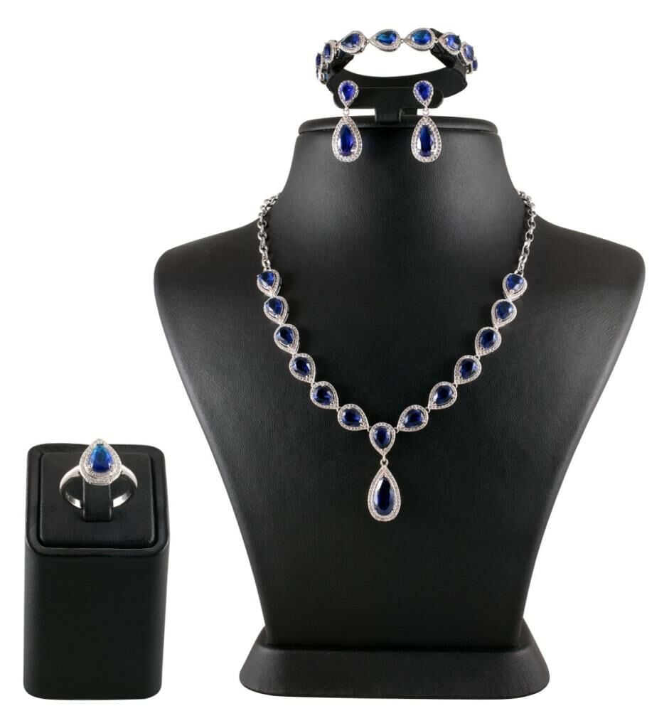 Mavi Zirkon Taşlı Gerdanlıklı Gümüş Set 010