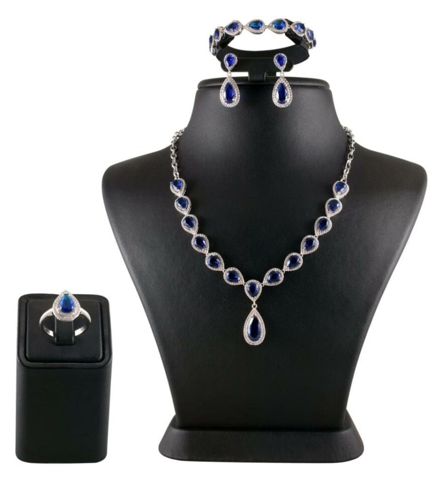 Mavi Zirkon Taşlı Gerdanlıklı Gümüş Set 010