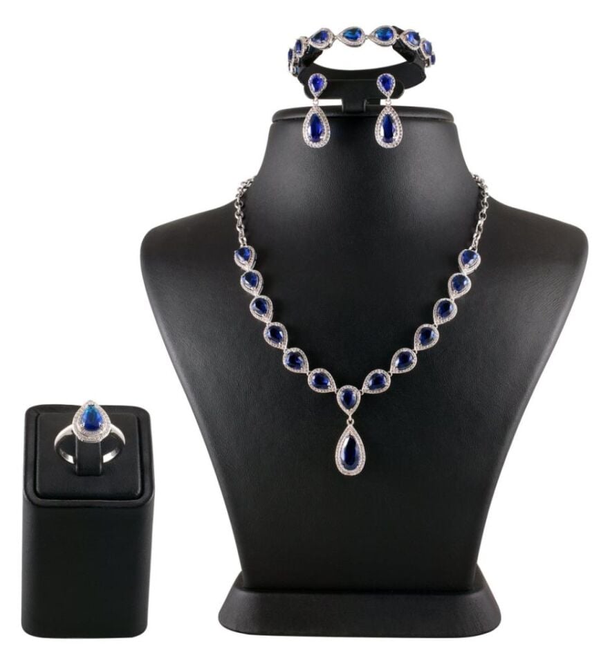Mavi Zirkon Taşlı Gerdanlıklı Gümüş Set 010