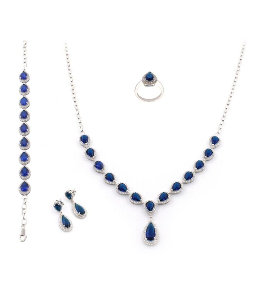 Mavi Zirkon Taşlı Gerdanlıklı Gümüş Set 010