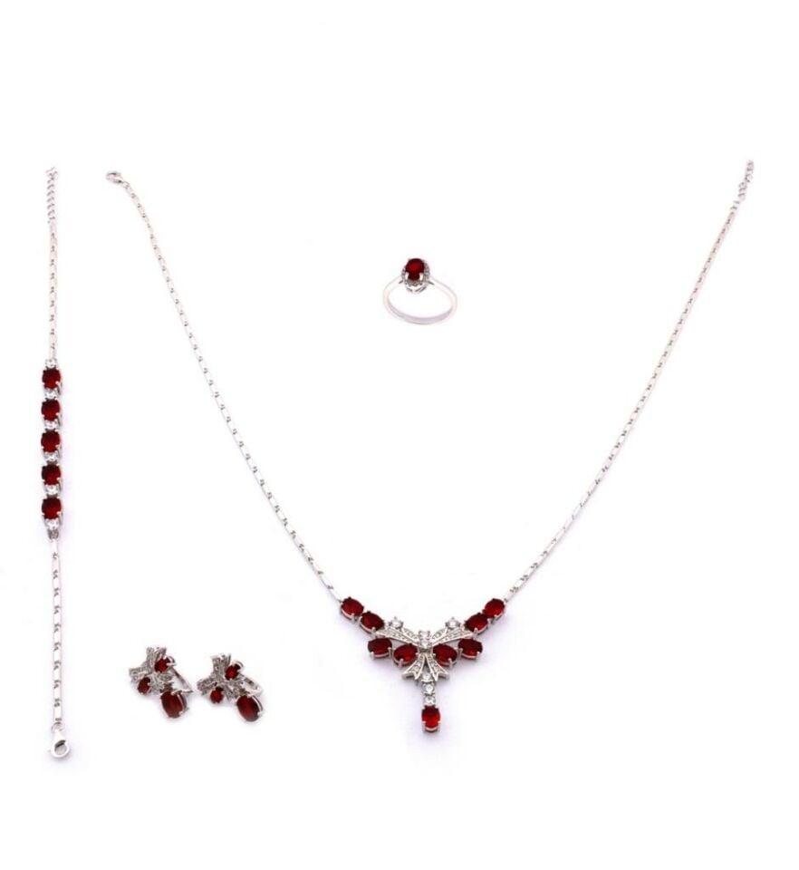 Kırmızı Zirkon Taşlı Gerdanlıklı Gümüş Set 012