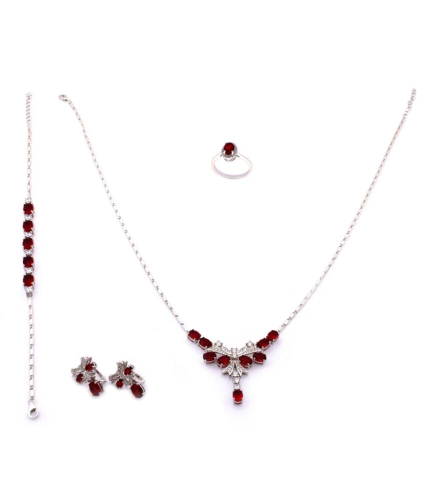 Kırmızı Zirkon Taşlı Gerdanlıklı Gümüş Set 012