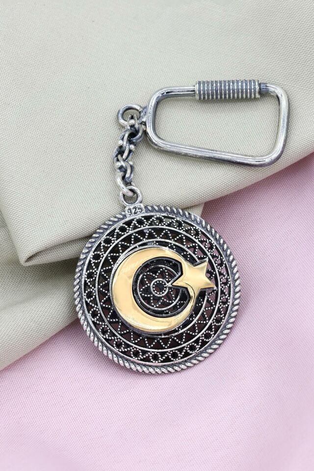 Telkari İşlemeli Ay Yıldız Gümüş Anahtarlık 047