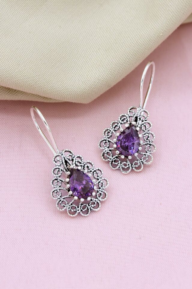 Ametist Taşlı Damla Modeli Telkari Gümüş Küpe 241