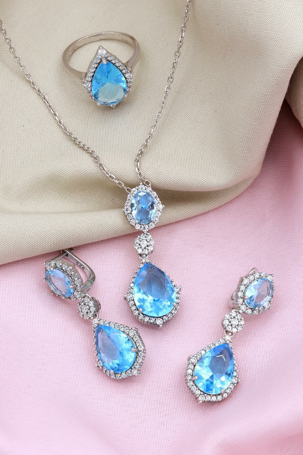 Akuamarin Taşlı Damla Modeli Gümüş Set 054