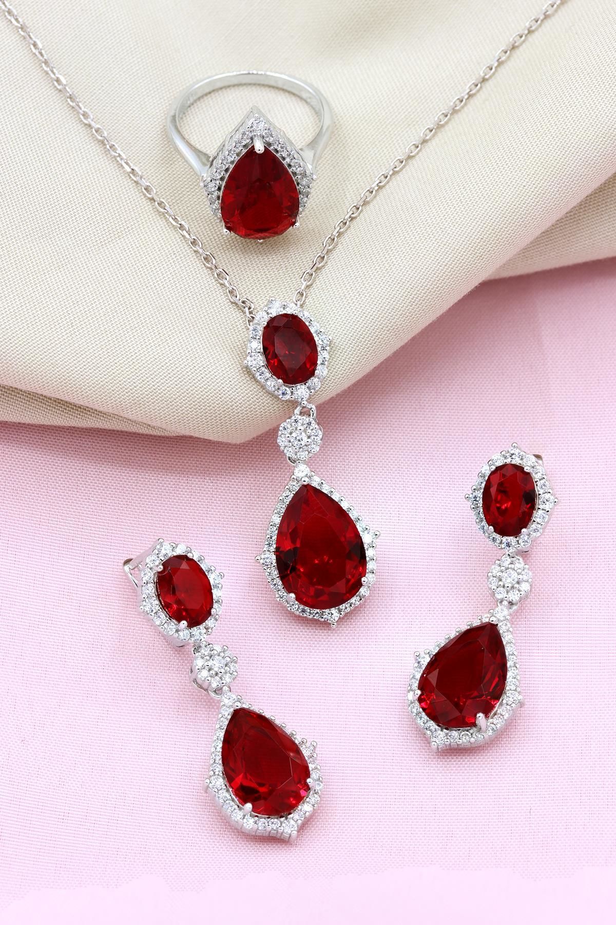 Yakut Taşlı Damla Modeli Gümüş Set 056
