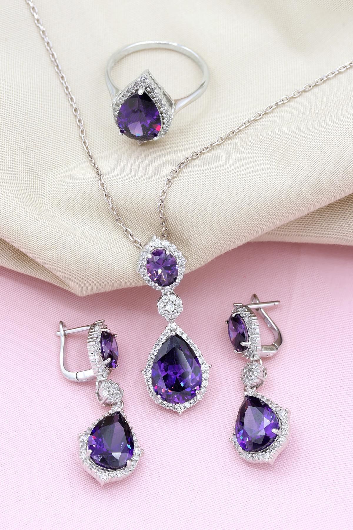 Ametist Taşlı Damla Modeli Gümüş Set 057