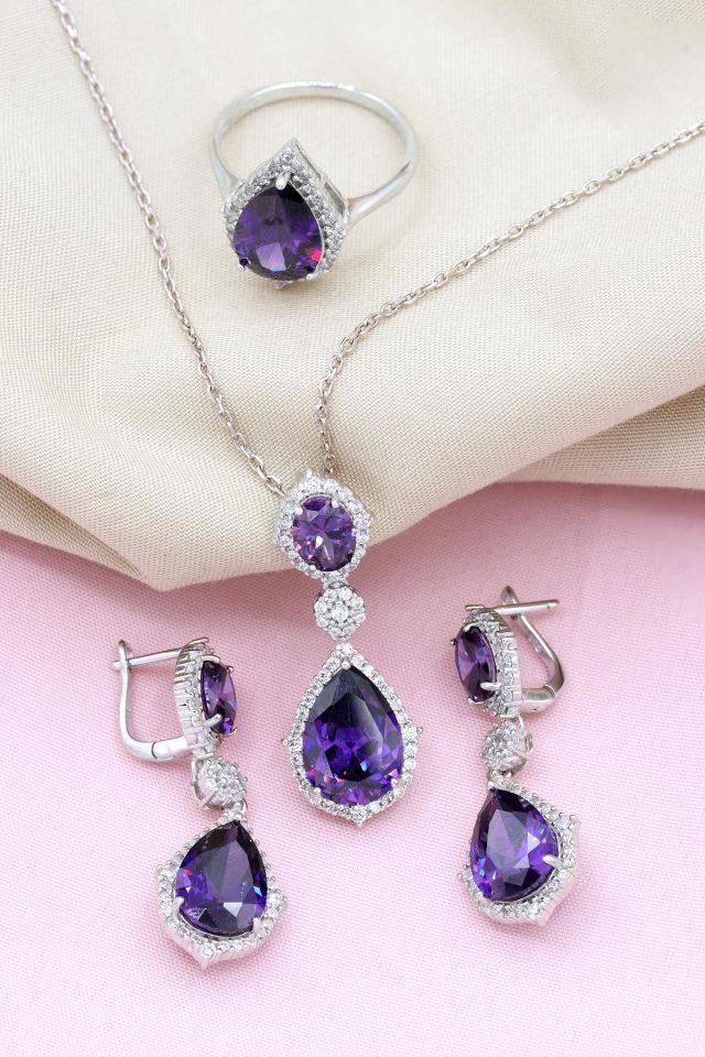 Ametist Taşlı Damla Modeli Gümüş Set 057