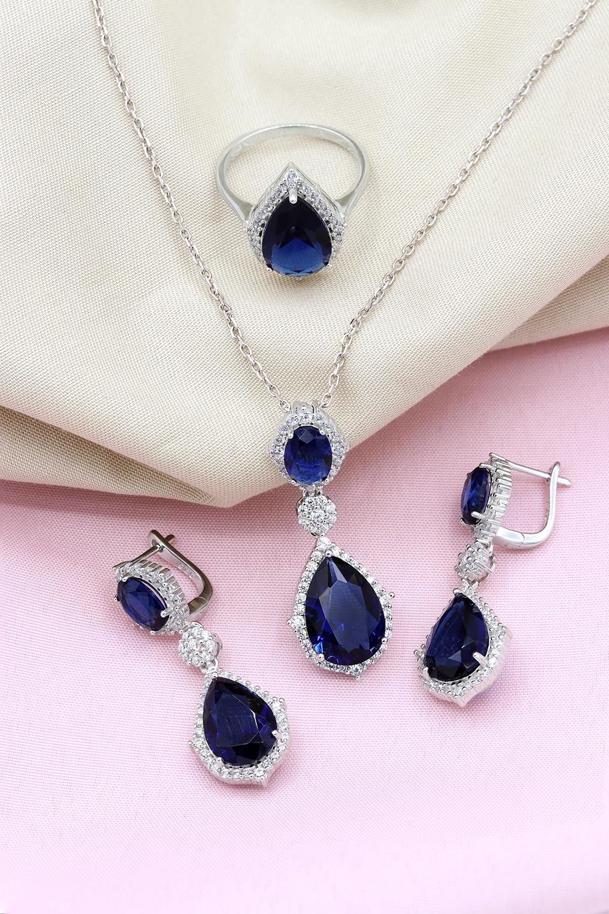 Safir Taşlı Damla Modeli Gümüş Set 058
