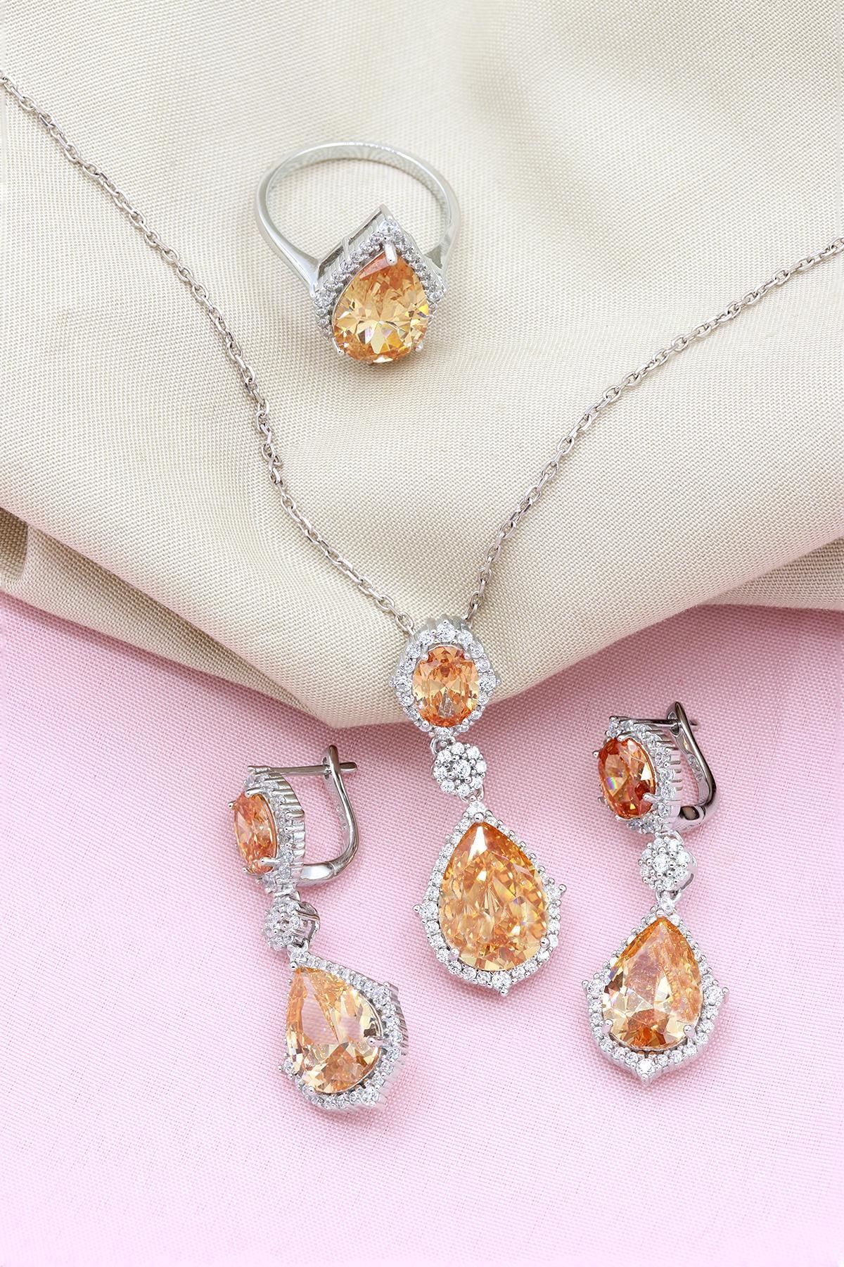 Sitrin Taşlı Damla Modeli Gümüş Set 059