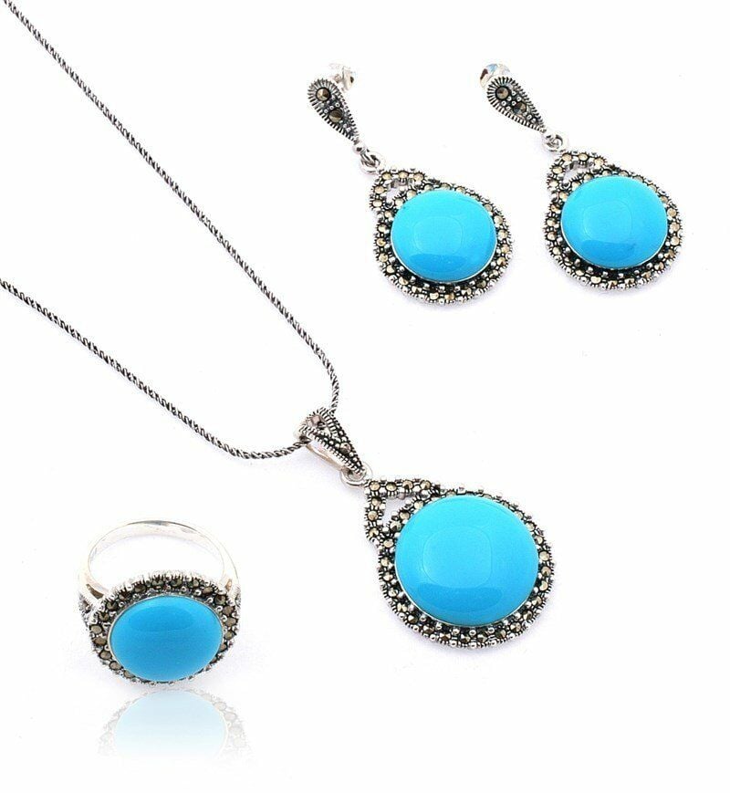 Turkuaz Firuze Taşlı Markazit Gümüş Set 003