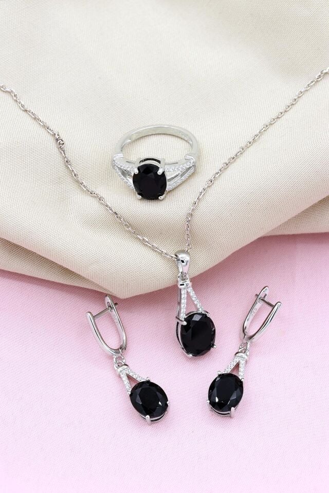Oniks Taşlı Damla Modeli Gümüş Set 062