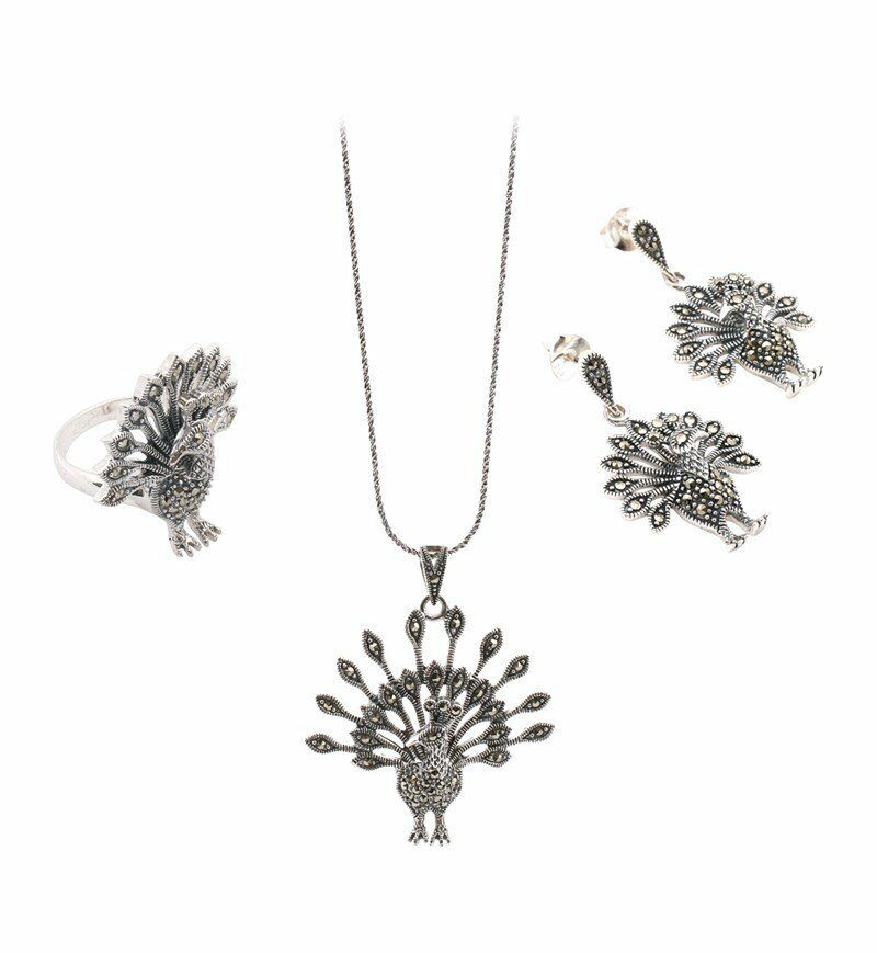 Tavus Kuşu Motifli  Markazit Taşlı Gümüş Set 008