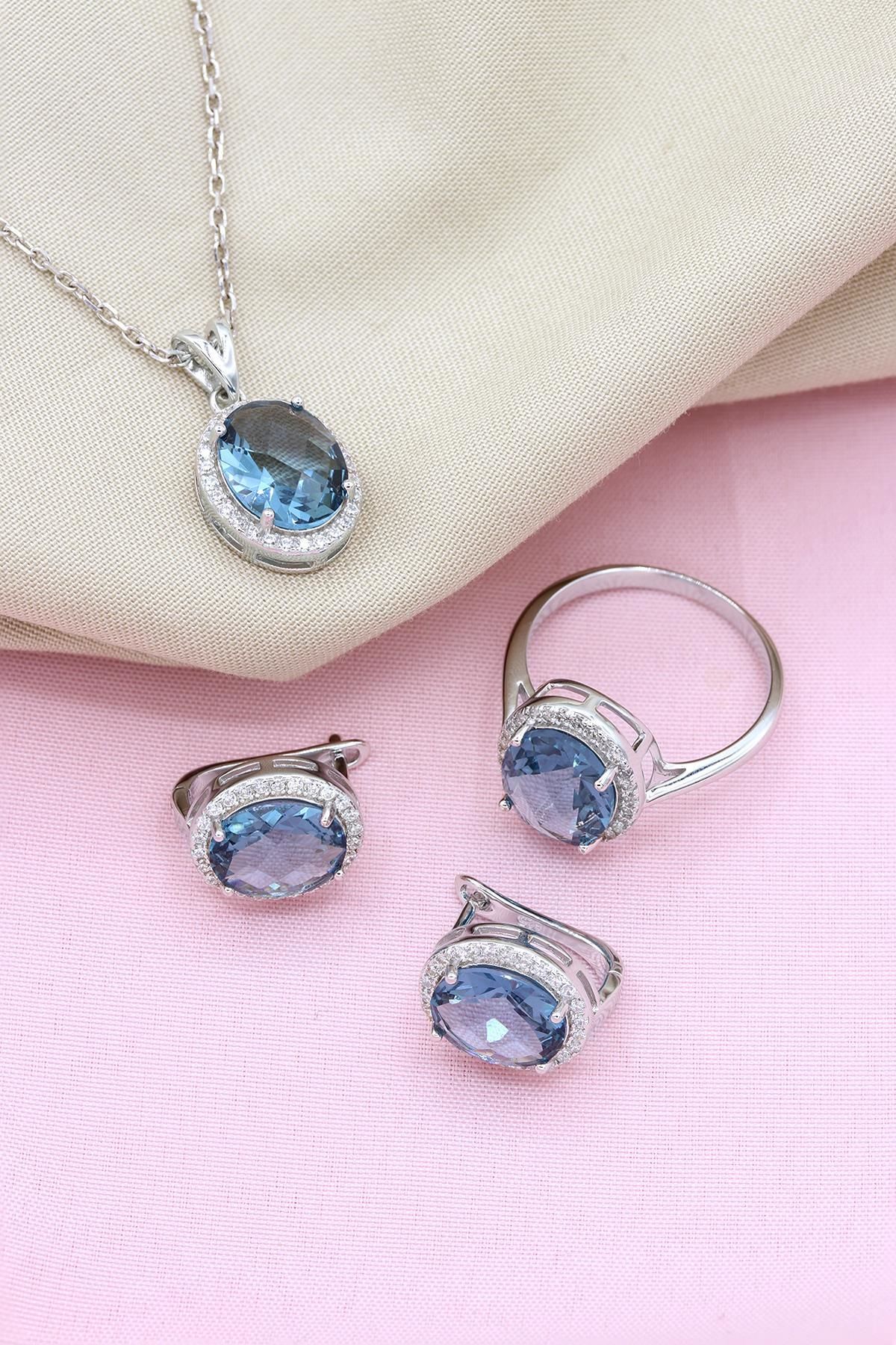 Akuamarin Taşlı Gümüş Set 067