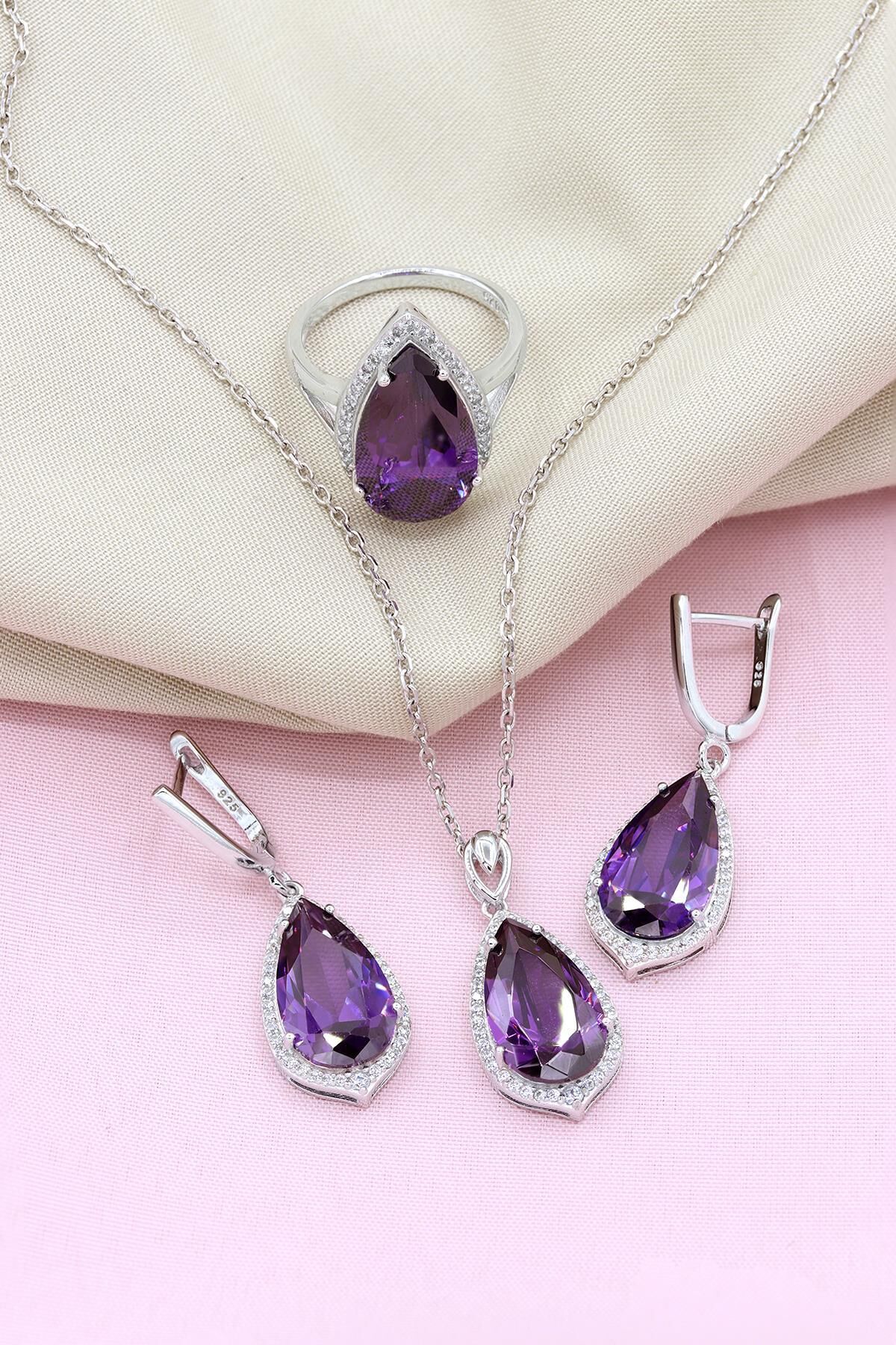 Ametist Taşlı Damla Modeli Gümüş Set 068