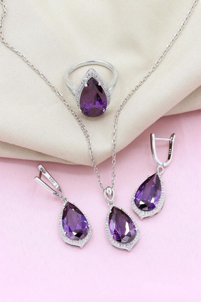 Ametist Taşlı Damla Modeli Gümüş Set 068